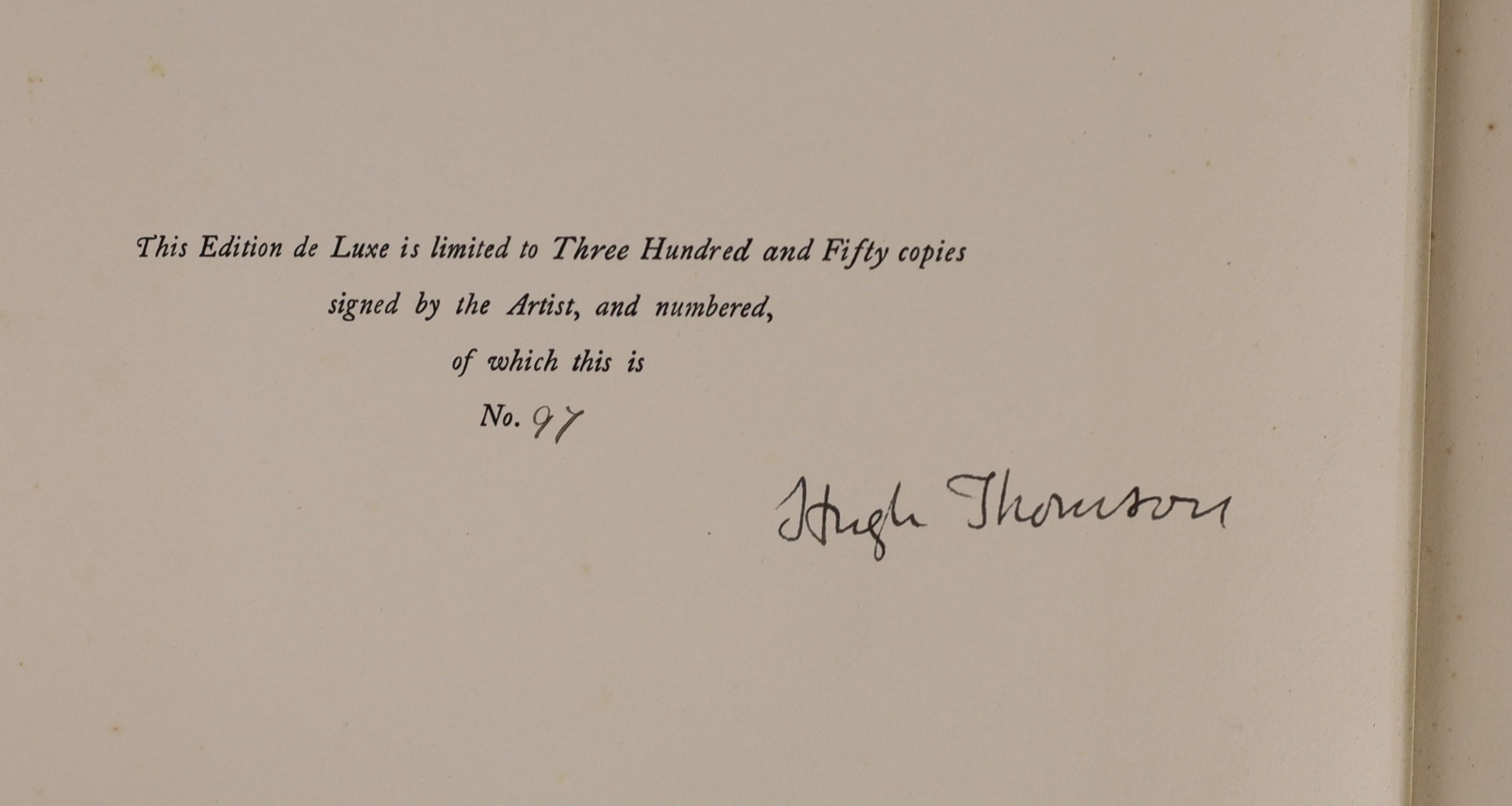 Sheridan, Richard Brinsley - The School for Scandal,de luxe edition, one of 350, signed and illustrated with 25 tipped-in colour plates by Hugh Thomson, folio, pictorial gilt vellum, Hodder and Stoughton, London, c.1911